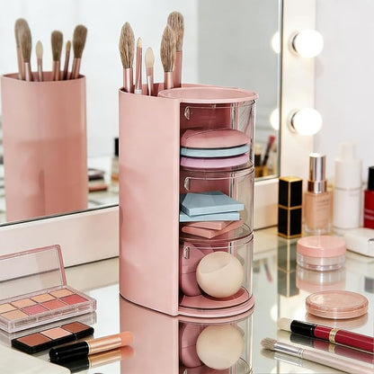 3-Tier Hair Accessories Organizer with Hair Brush Holder, Rotatable Makeup Brush Holder for Necklaces, Earring, Bracelet, Ring, Makeup Brushes, Hair Clip and Hair Accessories(Pink)