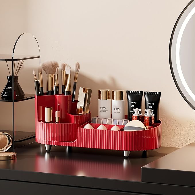 Rotating Makeup Organizer for Vanity with Brush Holder, Cosmetic Makeup Storage Organizer, Large Spinning Makeup Skincare Organizer, Countertop Makeup Perfume Organizer, Lotions Display Case Red