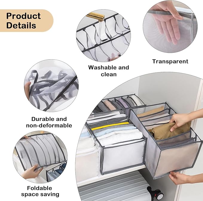 7 Grids Washable Wardrobe Clothes Organizer,Clothing Storage Bins,Drawer Organizer for Clothing,Drawer Dividers for Clothes, Mesh Separation Box for Underwear, Socks, Scarves, Jeans