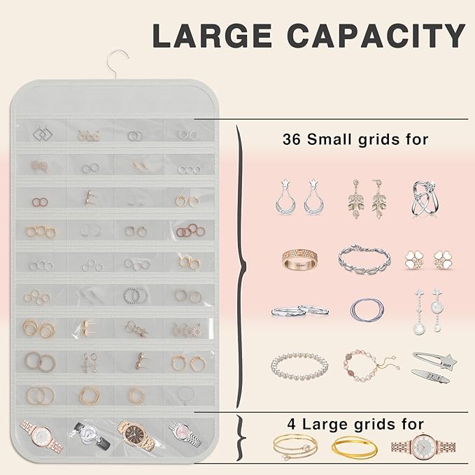 Hanging Jewelry Organizer Storage, 40 Pockets 36 Hooks Necklace Earring Necklace Bracelet Ring Organizer, Double - Sided Design, White