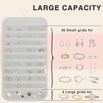 Hanging Jewelry Organizer Storage, 40 Pockets 36 Hooks Necklace Earring Necklace Bracelet Ring Organizer, Double - Sided Design, White