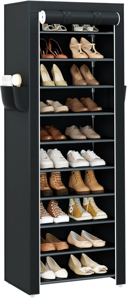CASAMAYA Shoe Rack with Covers, 10 Tiers Tall Shoe Rack Organizer, Large Capacity Shoe Shelf Storage, Hold 20 Pairs of Shoes, Vertical Shoe Storage Organizer for Closet, Entryway, Black, SRT102B01