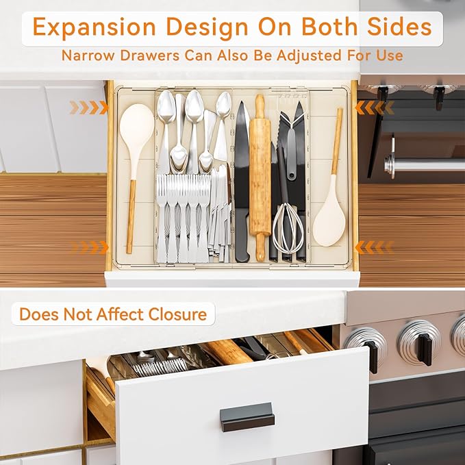 Large Expandable Silverware Organizer - Adjustable From 11'' to 21.3'' - Spatula,Gadget,Knife,Cutlery,Spoons and Forks Organizer,Clear Flatware,Silverware Tray,Utensil Organizer for Kitchen Drawers