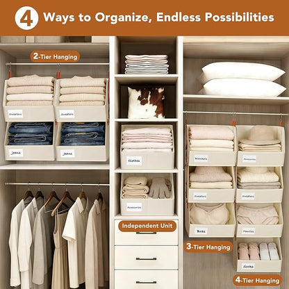 4 Pcs Modular Closet Organizer - Detachable & Foldable Hanging Storage Cubes, 88L Total Capacity, Heavy Duty Fabric Shelves for Wardrobe, Closet Organization, RV, Dorm, Beige