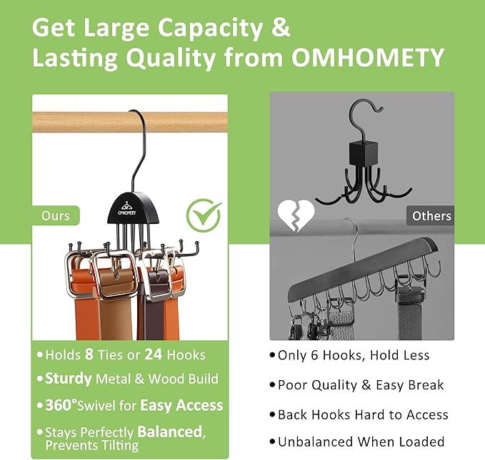 2 Pack Tie Hanger Belt Organizer for Closet, Rotatable Tie Rack with 16 Hooks Max 24 Belts & 16 Ties Storage Capacity, Space Saving Hanging Belt Holder for Closet Organizer, Black