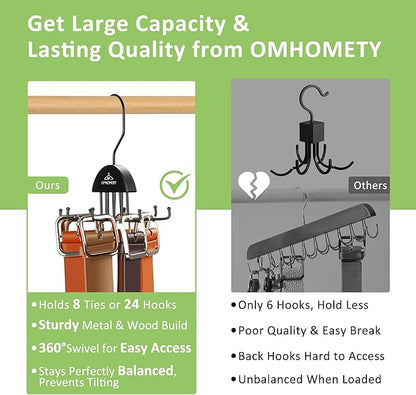 2 Pack Tie Hanger Belt Organizer for Closet, Rotatable Tie Rack with 16 Hooks Max 24 Belts & 16 Ties Storage Capacity, Space Saving Hanging Belt Holder for Closet Organizer, Black