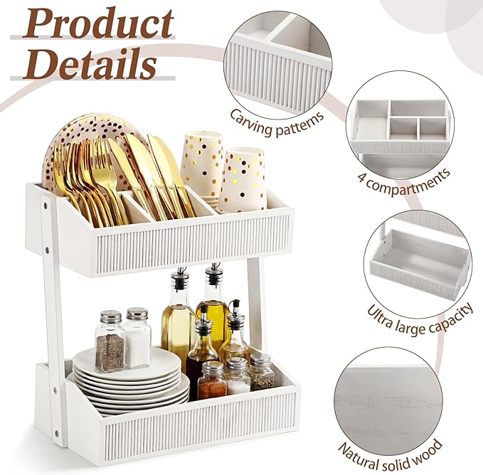 Novabright 2 Tier Paper Plate Dispenser for Kitchen Counter, Paper Plate Organizer, Rustic Wooden Utensil Holder for Party Countertop Cutlery Flatware Storage Rack for Napkin Cup Spoon Fork(White)