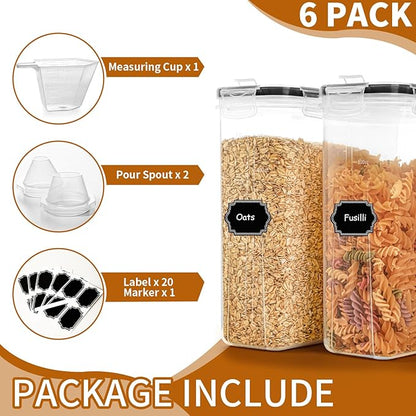 HKJ Chef Cereal Containers Storage Set (4L / 135.2oz), 6PCS Airtight Food Storage Containers with Lids, Cereal Dispensers for kitchen Pantry Organizers and Storage with Pour Spout, 20 Labels, Marker