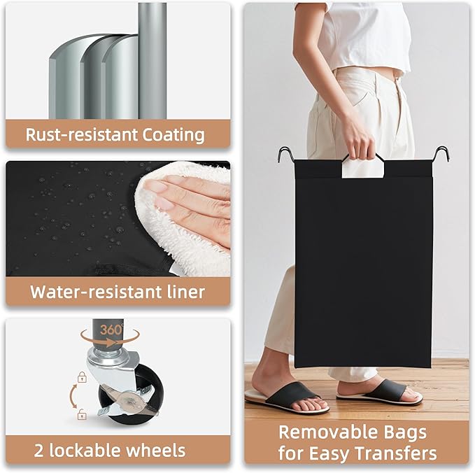 STORAGE MANIAC 5 Section Laundry Sorter, 5 Bins Rolling Separator Laundry Basket, Dirty Clothes Hamper Divider with Heavy Duty Rolling Lockable Wheels, Large Clothes Organizer Cart, Black