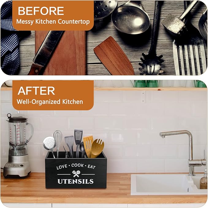 MINCORD Kitchen Utensil Holder with 3 Compartments, Rustic Wooden Storage Organizer Box Vintage Cutlery Farmhouse Flatware Utensil Caddy Countertop for Silverware Fork Spoon Spatula
