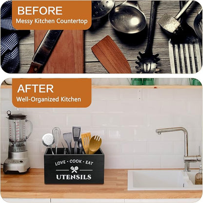 MINCORD Kitchen Utensil Holder with 3 Compartments, Rustic Wooden Storage Organizer Box Vintage Cutlery Farmhouse Flatware Utensil Caddy Countertop for Silverware Fork Spoon Spatula