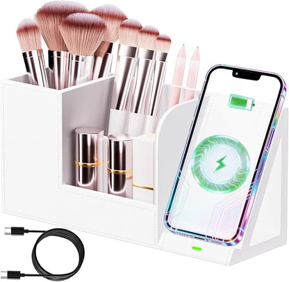 LADSTAG Makeup Brush Holder Organizer with Phone Charging Stand Leather Cosmetic Cup for Perfume, Nail Polish, Lipstick & Art Supplies | Vanity, Bathroom & Desktop Organizer