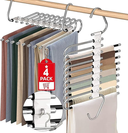 Upgrade 9 Layers Pants Hangers Space Saving, Non Slip Stainless Steel Multifunctional Pants Rack S-Type Clothes Pant Closet Hanger Organizer for Pants Jeans Trousers Scarf Skirts(4 Pack, Antiquewhite)