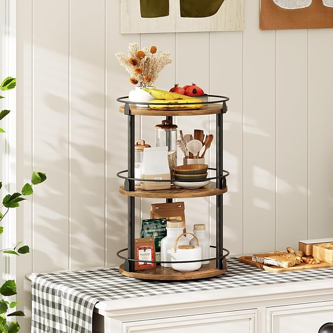 YATINEY 3-Tier Lazy Susan Organizer, Rotating Spice Rack, Spinning Organizer, Industrial Turntable Spice Rack Organizer for Cabinet, Kitchen Countertop, Pantry, Rustic Brown and Black SR23BR