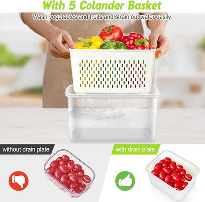 10 PS Fridge Food Storage Container with Colander, Plastic Fresh Produce Saver Keeper for Vegetable Fruit Berry Salad Lettuce Meat Fish, BPA Free Kitchen Refrigerator Organizer Bins (6.2L-0.8L)