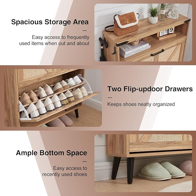 Barnyatoh Shoe Storage Cabinet, Boho Rattan Shoe Organizer with 2 Flip Drawers,Farmhouse Freestanding Hidden Slim Narrow Shoe Rack Cabinet with Open Shelves for Entryway, Foyer,Hallway, Natural