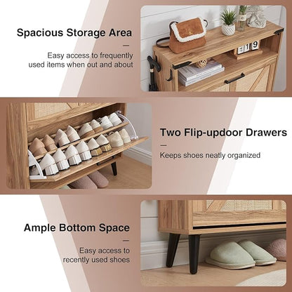 Barnyatoh Shoe Storage Cabinet, Boho Rattan Shoe Organizer with 2 Flip Drawers,Farmhouse Freestanding Hidden Slim Narrow Shoe Rack Cabinet with Open Shelves for Entryway, Foyer,Hallway, Natural
