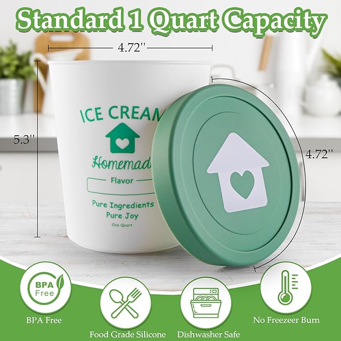 cyrico Ice Cream Containers with Silicone Lids for Homemade Ice Cream, 4 Pack 1 Quart Each Reusable Sorbet Frozen Yogurt Storage Containers Set BPA Free Stackable Leakproof Dishwasher Freezer Safe