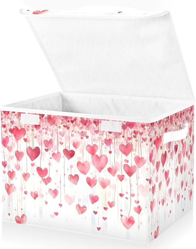 senya Valentines Baskets Collapsible Storage Bins with Lids, Valentines Romantic Love Storage Boxes Clothes Baskets for Organizing