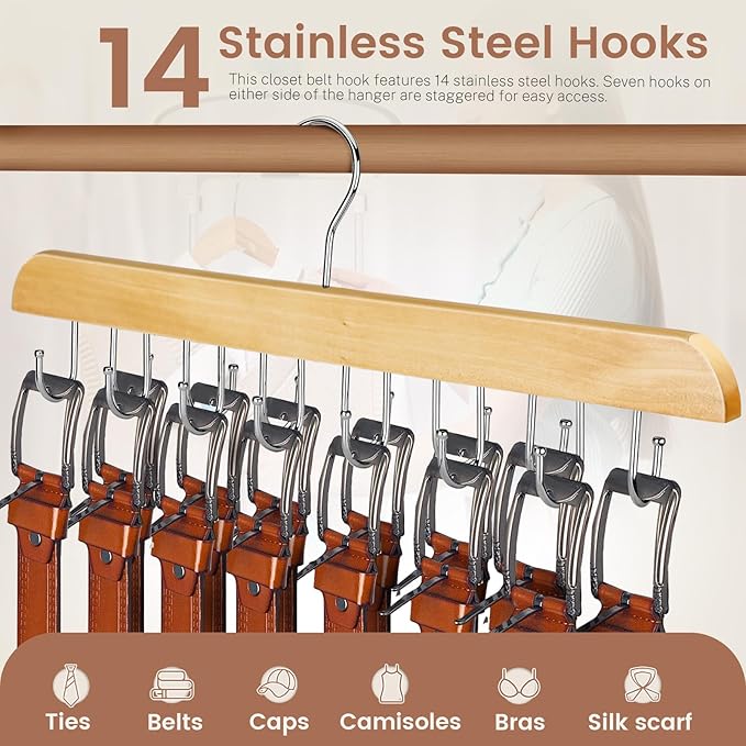 ASTIMESA Solid Wood Belt Hanger for Closet, 14 Hooks Belt Organizer Space Saver, 360° Rotating Belt Holder Tie Rack for Men Women Dorm Bra Purse Scarf Tank Top Storage Accessories (Beige)