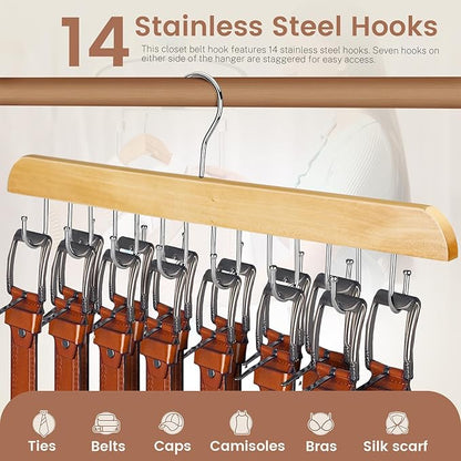 ASTIMESA Solid Wood Belt Hanger for Closet, 14 Hooks Belt Organizer Space Saver, 360° Rotating Belt Holder Tie Rack for Men Women Dorm Bra Purse Scarf Tank Top Storage Accessories (Beige)