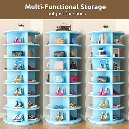 Rotating Shoe Rack 7 Tier Spinning Shoes Organizer Tower for 28-32 Pairs Lazy Susan 360 Revolving Shoe Storage Cabinet Rotate Shoe Handbag Rack Round Carousel for Closet, Bedroom (Blue)
