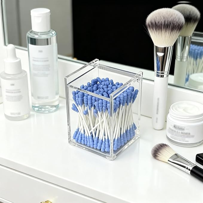 Clear Acrylic Qtip Holder with Lid, Cotton Balls Swab Organizer, 2.95" x 2.56" x 3.94" Dispenser for Makeup Pad, Floss Picks, Bath Salts, Cosmetic Storage Case, Home Bathroom Decor (DP058)