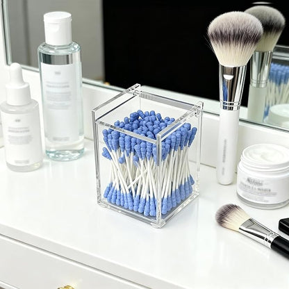 Clear Acrylic Qtip Holder with Lid, Cotton Balls Swab Organizer, 2.95" x 2.56" x 3.94" Dispenser for Makeup Pad, Floss Picks, Bath Salts, Cosmetic Storage Case, Home Bathroom Decor (DP058)