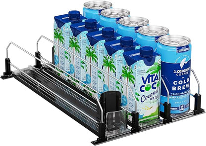 Puricon Drink Organizer for Fridge Pusher Glide, Spring Loaded Fridge Drink Dispenser, Self Pushing Soda Can Organizer for Refrigerator, Beer Bottle Beverage Organizer Drink Holder -3 Rows, Black