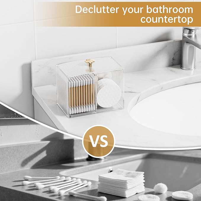 Q Tip Holder for Bathroom with 3 Compartments, Cute Clear Plastic Bathroom Container Jars Canister Dispenser with Lid for Cotton Swab, Ball, Pad, Round, Floss, Bathroom Organizer and Storage