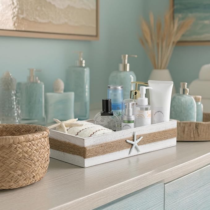 Novabright Beach Toilet Tank Basket Rustic Bathroom Decor Box Farmhouse Wood Bathroom Paper Holder Basket Starfish Decor Top of Toilet Organizer Storage for Coastal Bath Tank Topper Counter Decoration