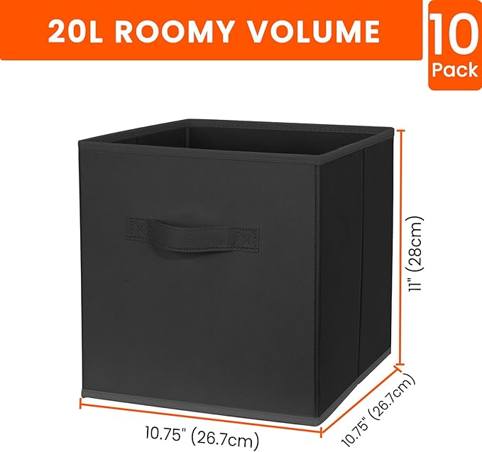 Criusia Storage Cubes, 11 Inch Clothes Storage Bins for Shelves Closet (10 Pack), Fabric Collapsible Storage Bins with Dual Handles, Cubby Storage Baskets Boxes, College Dorm Room Essentials (Black)