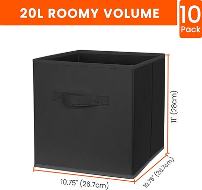 Criusia Storage Cubes, 11 Inch Clothes Storage Bins for Shelves Closet (10 Pack), Fabric Collapsible Storage Bins with Dual Handles, Cubby Storage Baskets Boxes, College Dorm Room Essentials (Black)