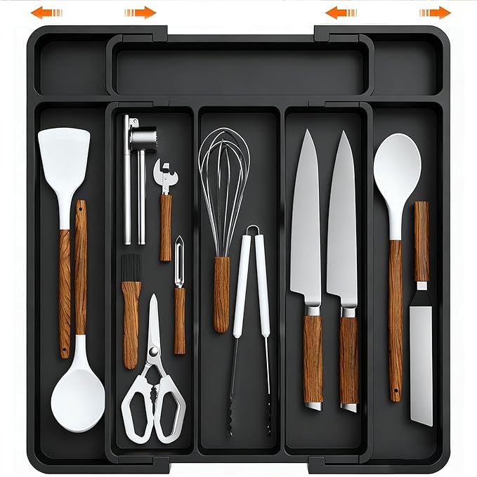 Expandable Silverware Drawer Organizer - BPA Free Flatware and Cutlery Holder, Adjustable Large Plastic Storage Tray for Kitchen Spoons Forks Knives, Black