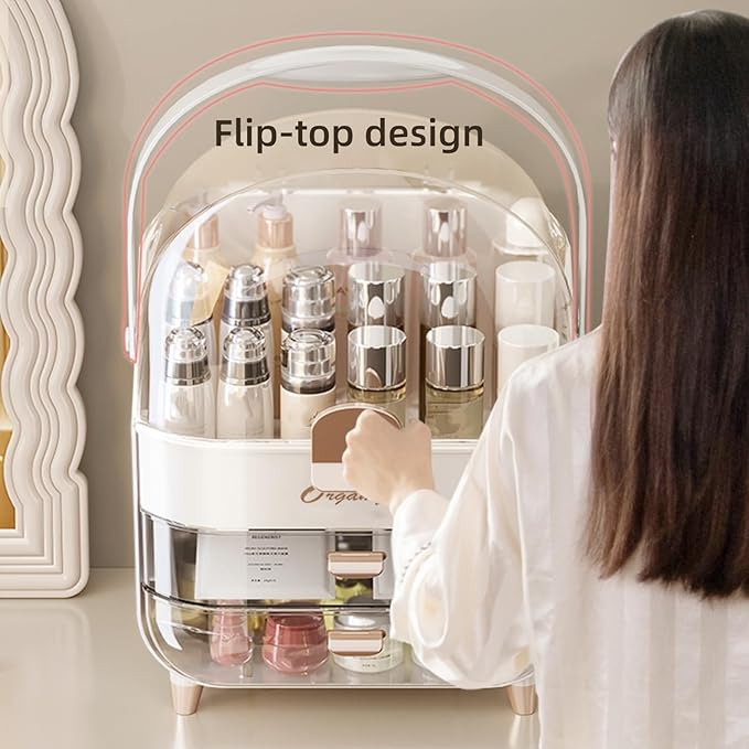 Makeup Organizer, Skincare Organizers with Clear Lid & 2 Drawers and 360° Rotating Brush Holder