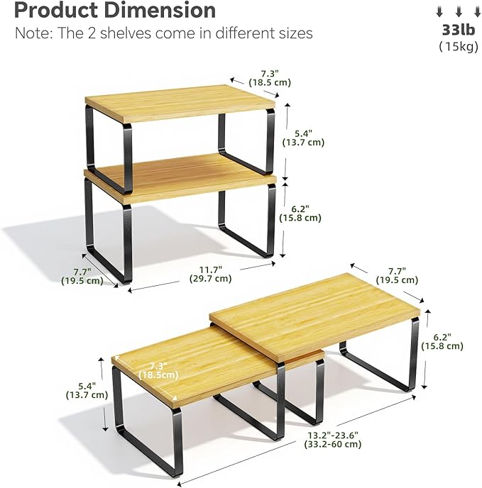 Simple Trending Bamboo Cabinet Organizer Shelf, Set of 2 Kitchen Counter Shelves, Stackable Expandable Spice Rack Kitchen Storage, Black and Natural Beige