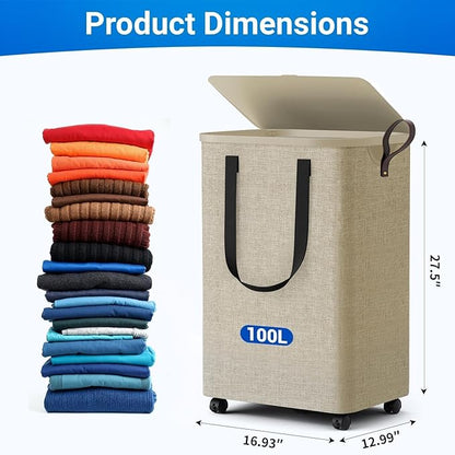 Laundry Basket with 5 Wheels, Tall Dirty Laundry Hamper, Rolling Laundry Basket with Lid, Large 100L Collapsible Clothes Hamper for Laundry Room Bedroom Bathroom Dorm, Khaki