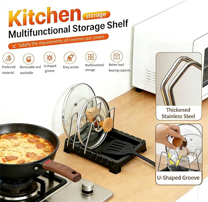 Adjustable Pot Lid Holder with Drip Tray, 2 in 1 Pot Lid Organizer & Spoon Rest, Stainless Steel Lid Holder for Countertop & Cabinet While Cooking, Space Saving Kitchen Pot Cover Rack, Easy Clean