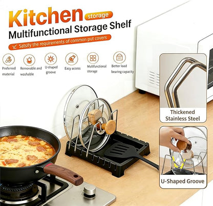 Adjustable Pot Lid Holder with Drip Tray, 2 in 1 Pot Lid Organizer & Spoon Rest, Stainless Steel Lid Holder for Countertop & Cabinet While Cooking, Space Saving Kitchen Pot Cover Rack, Easy Clean