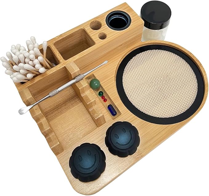 Bamboo Desk Organizer,Carving Tool Organizer with Non-sticky Mat and Silicone Container (21 x 16 x 4.5cm)