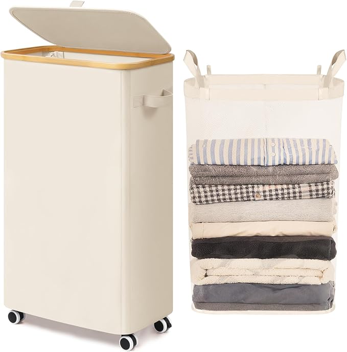 Goodpick Slim Laundry Basket with Wheels and Lid, 75L Narrow Laundry Hamper with Handles Removable Bag, Rolling Clothes Hamper for Dorm Bathroom Bedroom, 17" x 9.8" x 29.5", Beige