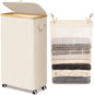 Goodpick Slim Laundry Basket with Wheels and Lid, 75L Narrow Laundry Hamper with Handles Removable Bag, Rolling Clothes Hamper for Dorm Bathroom Bedroom, 17" x 9.8" x 29.5", Beige