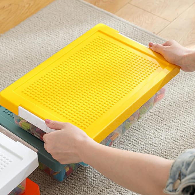 Building Block Organizer Bin, Plastic Double Layer Brick Storage Box with Building Baseplate, Stackable Art Crafts Container with Removable Divided Tray for Home, Office
