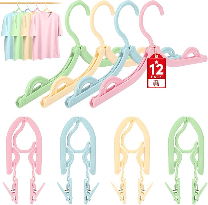 SANLIKE 12 Pcs Travel Hangers with 24 Pcs Clips Folding Travel Hangers Non Slip Plastic Clothes Hangers Collapsible Portable Coat Hanger Drying Rack for Suitcase Flying Camping Hotel(12 Packs)
