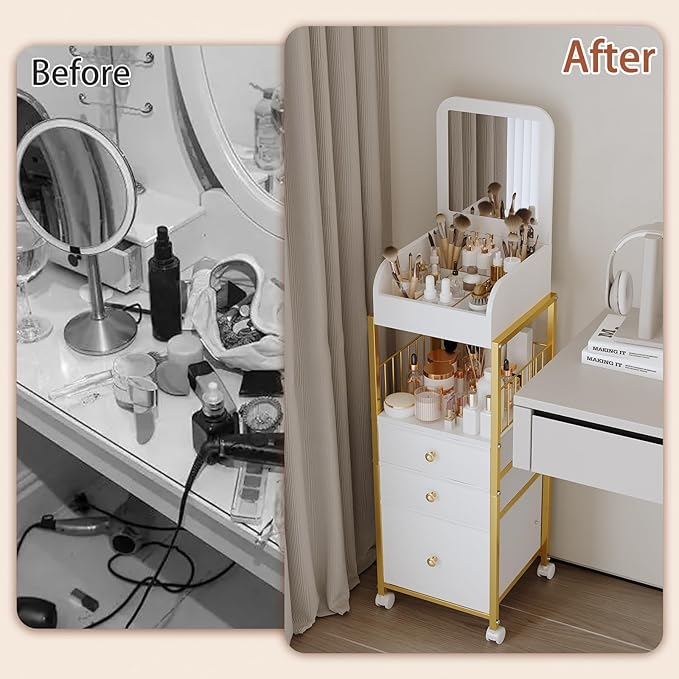 Makeup Cart Organizer with Mirror, Floor Makeup Organizer Large- Make Up Organizers Vanity Cart Cosmetic Display Cases Holder for Skin Care Perfume Nail Polish Brush Hair Tool (Gold)