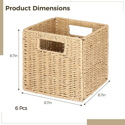 OMISTAR 6 Pcs 8.7 Inch Wicker Storage Cubes Bins - Woven Paper Rope Storage Baskets, Foldable Storage Bins with Handles, Collapsible Square Storage Containers for Shelves, Closets, 8.7×8.7×8.7"