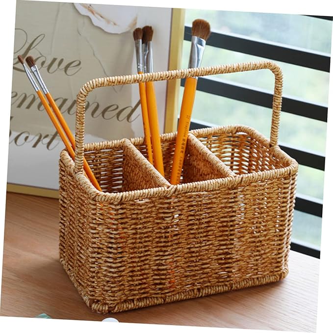 SOLUSTRE Woven Divided Cutlery Storage Basket 8.85X8.66X4.92 Inch Portable Silverware Organizer for Kitchen Countertop and Dining Room Utensil Caddy