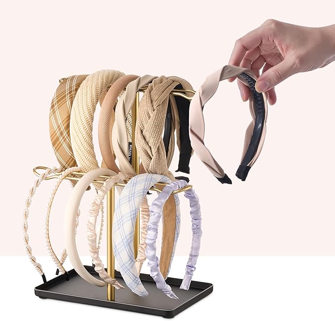 Headband Holder Organizer, 2-Tier T-bar Storage Stand with Tray for Hair Accessories Hairband Hair Clip, for Girls Women, Gold & Black