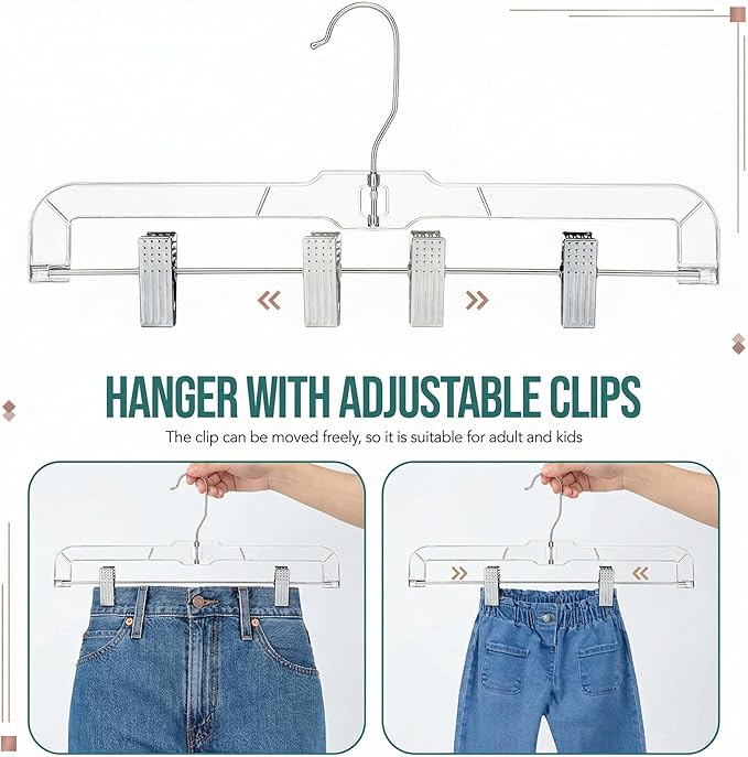 HOUSE DAY Clear Pants Hangers with Clips 12 Pack, Plastic Skirt Hangers for Women, 14 Inch Clip Hanger for Pants, Skirts, Jeans, Shorts, Legging, with 360-degree Swivel Hook, 2 Adjustable Clips