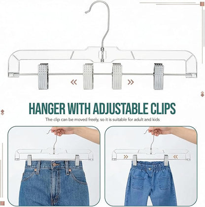 HOUSE DAY Clear Pants Hangers with Clips 12 Pack, Plastic Skirt Hangers for Women, 14 Inch Clip Hanger for Pants, Skirts, Jeans, Shorts, Legging, with 360-degree Swivel Hook, 2 Adjustable Clips